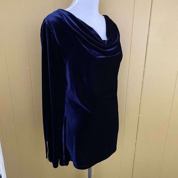 Cache women L drape front Longsleeve navy blue velour blouse - Picture 3 of 9